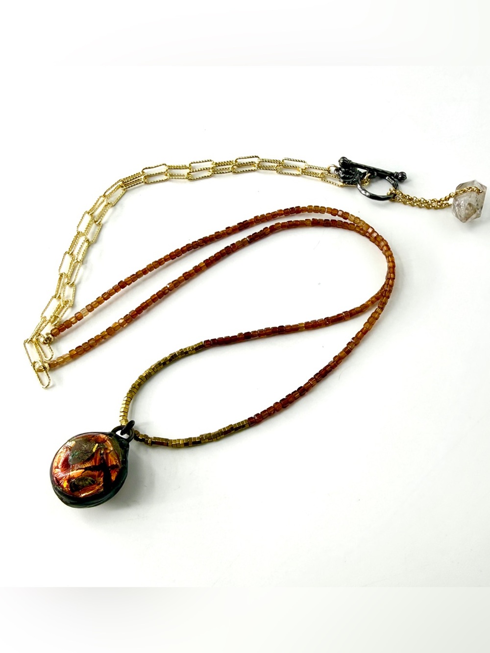 Orange Hessonite Garnet Necklace, Vintage Foil Pendant, Wrap Style